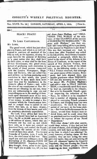cover page of Cobbett's Weekly Political Register published on April 1, 1815