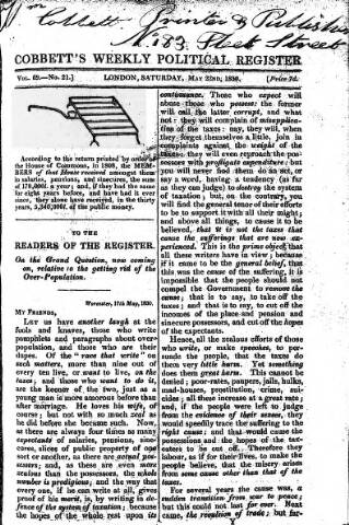 cover page of Cobbett's Weekly Political Register published on May 22, 1830