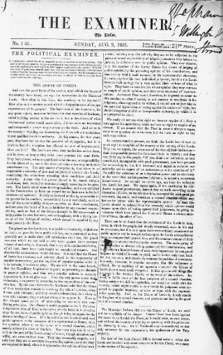 cover page of The Examiner published on August 2, 1835