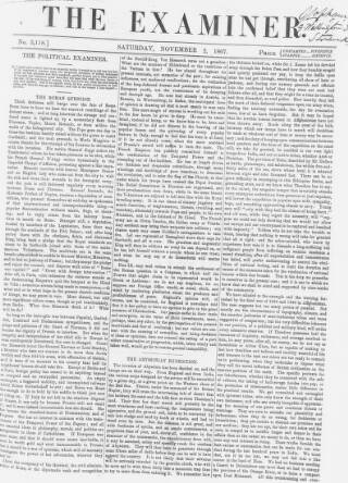 cover page of The Examiner published on November 2, 1867