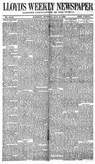 cover page of Lloyd's Weekly Newspaper published on August 2, 1891