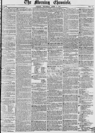 cover page of Morning Chronicle published on April 1, 1852