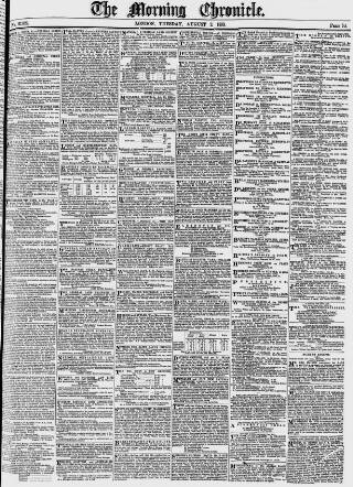 cover page of Morning Chronicle published on August 2, 1853