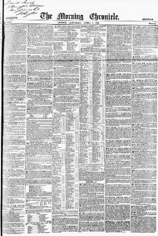 cover page of Morning Chronicle published on April 1, 1854
