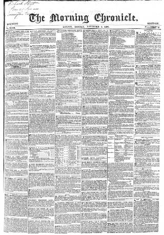 cover page of Morning Chronicle published on November 2, 1857