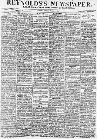 cover page of Reynolds's Newspaper published on April 1, 1883