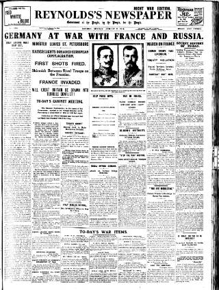 cover page of Reynolds's Newspaper published on August 2, 1914