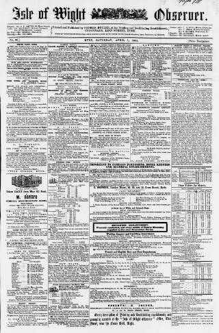 cover page of Isle of Wight Observer published on April 1, 1854