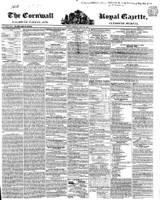cover page of Royal Cornwall Gazette published on May 22, 1846