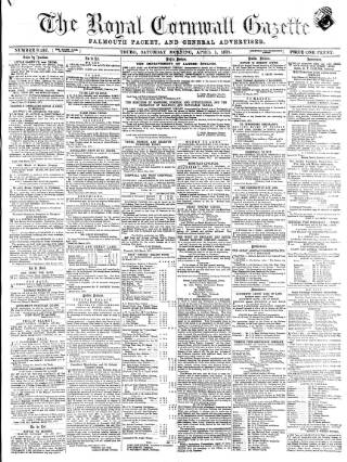 cover page of Royal Cornwall Gazette published on April 1, 1871