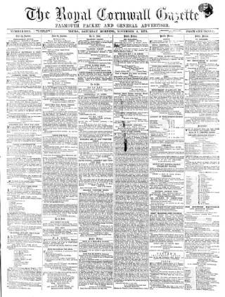 cover page of Royal Cornwall Gazette published on November 2, 1872