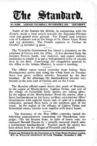 cover page of London Evening Standard published on November 2, 1916