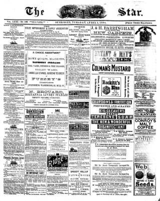 cover page of Guernsey Star published on April 1, 1884