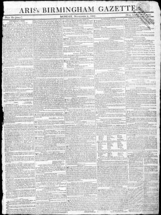 cover page of Aris's Birmingham Gazette published on November 2, 1807
