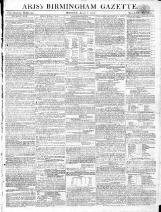 cover page of Aris's Birmingham Gazette published on April 1, 1811