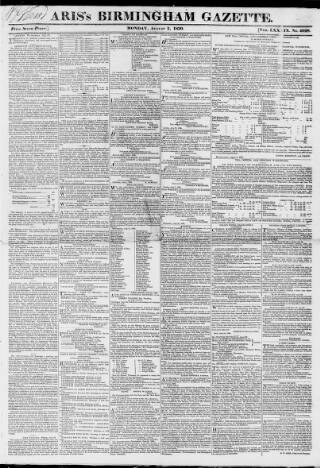 cover page of Aris's Birmingham Gazette published on August 2, 1830