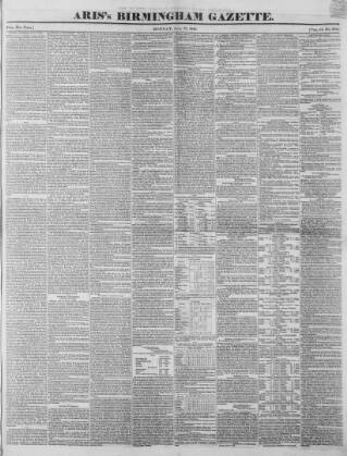 cover page of Aris's Birmingham Gazette published on June 13, 1842