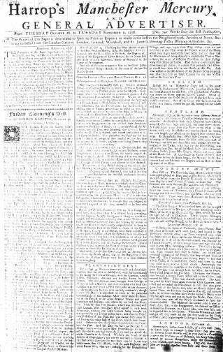 cover page of Manchester Mercury published on November 2, 1756
