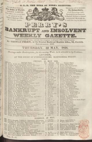 cover page of Perry's Bankrupt Gazette published on May 22, 1828