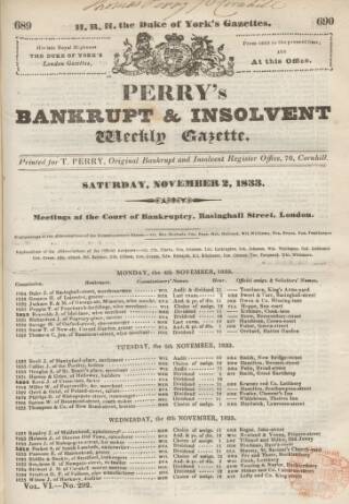 cover page of Perry's Bankrupt Gazette published on November 2, 1833