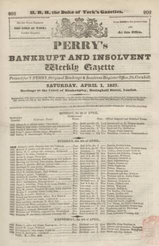 cover page of Perry's Bankrupt Gazette published on April 1, 1837