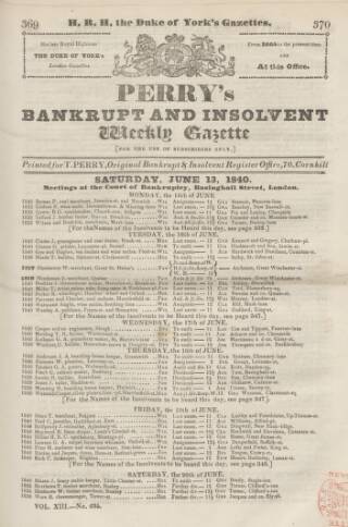 cover page of Perry's Bankrupt Gazette published on June 13, 1840