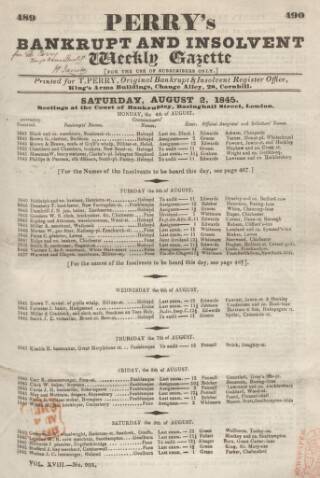 cover page of Perry's Bankrupt Gazette published on August 2, 1845