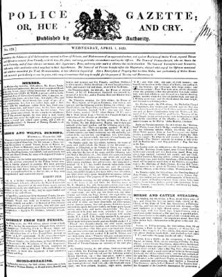 cover page of Police Gazette published on April 1, 1829