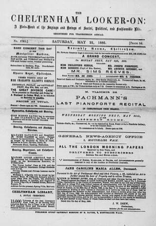 cover page of Cheltenham Looker-On published on May 22, 1886