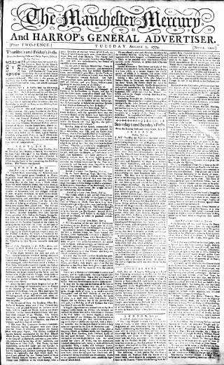 cover page of Manchester Mercury published on August 2, 1774