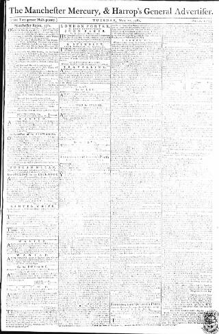 cover page of Manchester Mercury published on May 22, 1781