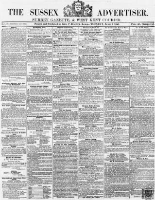 cover page of Sussex Advertiser published on April 1, 1856