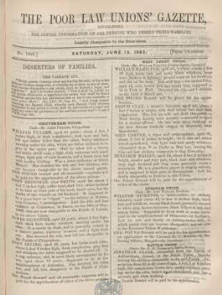 cover page of Poor Law Unions' Gazette published on June 13, 1863