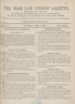 cover page of Poor Law Unions' Gazette published on April 1, 1876