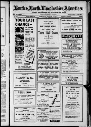cover page of Louth and North Lincolnshire Advertiser published on August 2, 1941