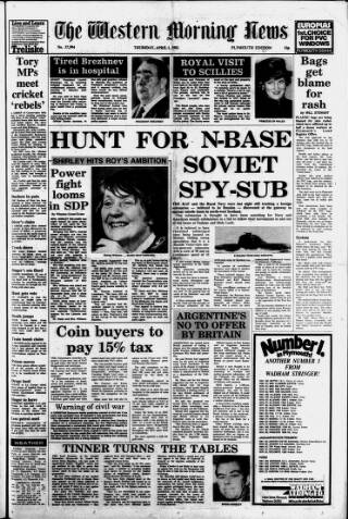 cover page of Western Morning News published on April 1, 1982