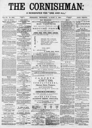 cover page of Cornishman published on August 2, 1888