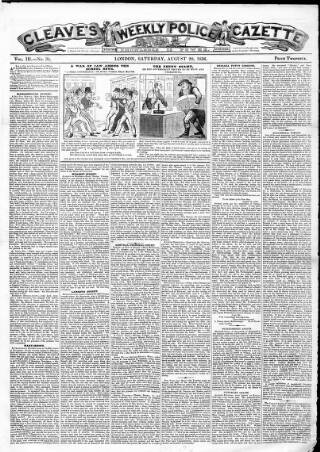 cover page of Cleave's Weekly Police Gazette published on August 20, 1836