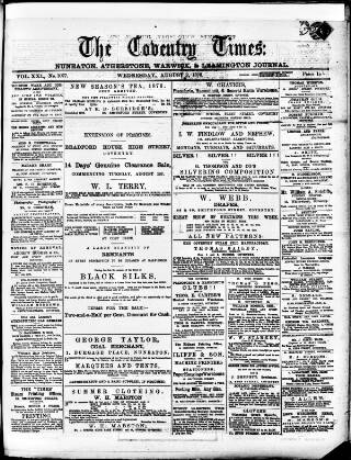 cover page of Coventry Times published on August 2, 1876