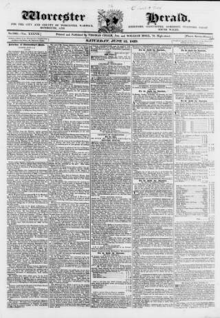 cover page of Worcester Herald published on June 13, 1829