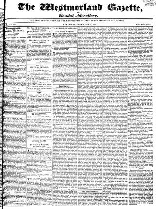 cover page of Westmorland Gazette published on November 2, 1822