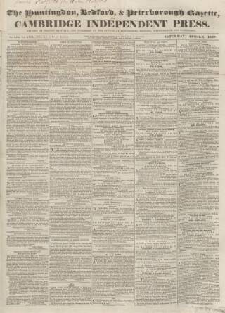 cover page of Huntingdon, Bedford & Peterborough Gazette published on April 1, 1837