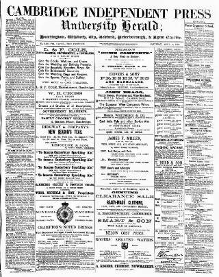 cover page of Cambridge Independent Press published on April 1, 1882