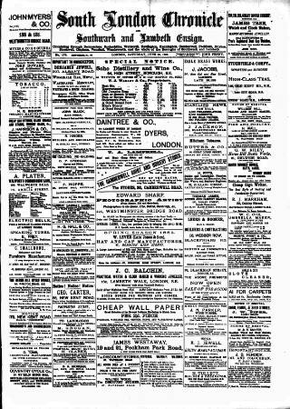 cover page of South London Chronicle published on June 13, 1885
