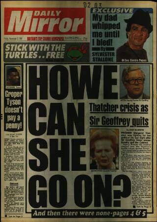 cover page of Daily Mirror published on November 2, 1990