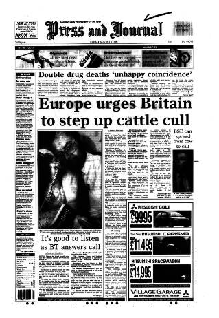 cover page of Aberdeen Press and Journal published on August 2, 1996