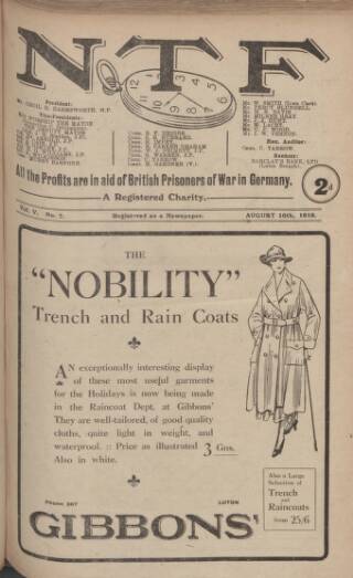 cover page of N.T.F. In Aid Of British Prisoners published on August 10, 1918