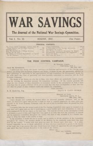 cover page of War Savings published on August 1, 1917