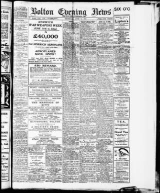 cover page of Bolton Evening News published on June 13, 1918