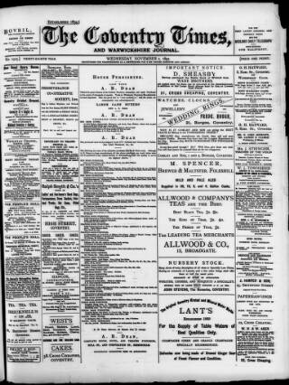 cover page of Coventry Times published on November 2, 1892